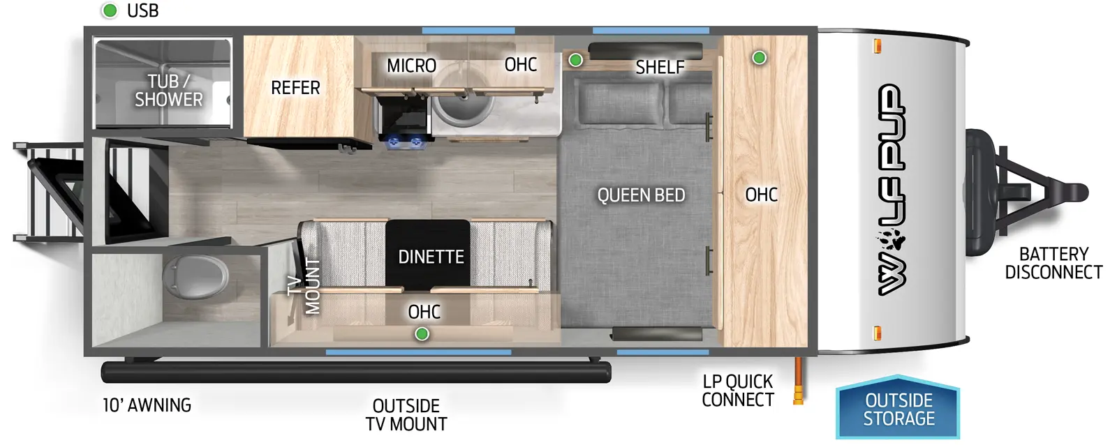 The Cherokee Black Label 14CCBL floorplan has one entry and zero slide outs. Exterior features include: fiberglass exterior and 10' awning. Interiors features include: front bedroom and rear bathroom.